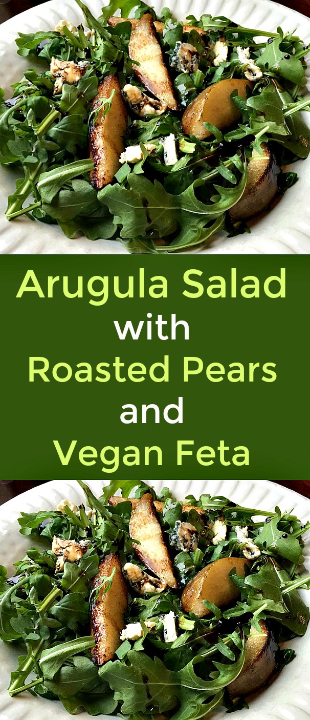 Arugula Salad with Roasted Pears and Creamy Vegan Feta Cheese - When you combine the peppery taste of fresh arugula with the distinctive, but smooth taste of a creamy vegan feta cheese and the inherent sweetness of roasted pears, this arugula salad is a winner. you don’t need much else. #arugula #salad #arugulasalad #roastedpears #pears #veganrecipe #veganfetacheese Arugula Salad with Roasted Pears and Creamy Vegan Feta Cheese - When you combine the peppery taste of fresh arugula with the distinctive, but smooth taste of a creamy vegan feta cheese and the inherent sweetness of roasted pears, this arugula salad is a winner. you don’t need much else. #arugula #salad #arugulasalad #roastedpears #pears #veganrecipe #veganfetacheese