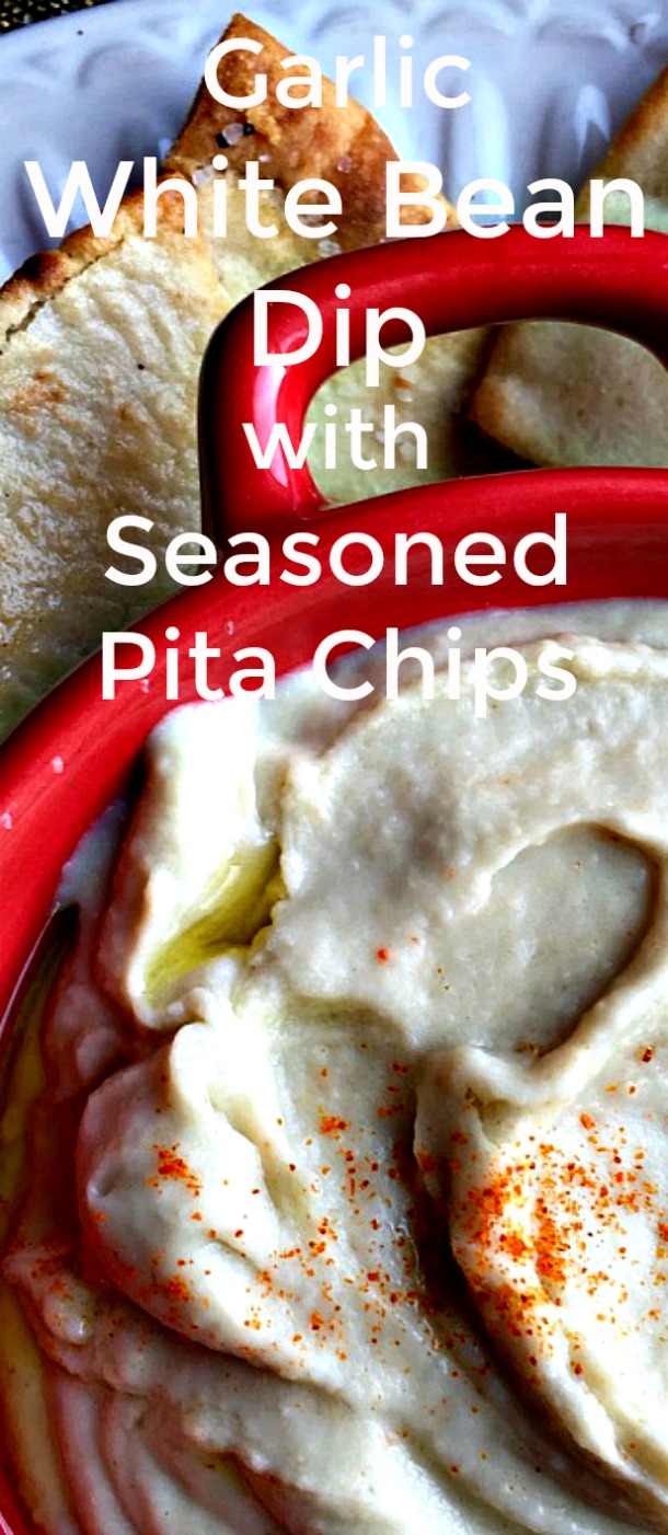 Quick and Easy Garlic White Bean Dip with Seasoned Pita Chips - This delicious white bean dip is a great addition to any party menu. It is quick and easy to make and it's healthy too! You and your guests are sure to love the subtle balance of flavors packed into each bite. It is perfect with seasoned pita chips or crudités. #whitebean #whitebea dip #beandip #seasonedpita chips #pitachips Quick and Easy Garlic White Bean Dip with Seasoned Pita Chips - This delicious white bean dip is a great addition to any party menu. It is quick and easy to make and it's healthy too! You and your guests are sure to love the subtle balance of flavors packed into each bite. It is perfect with seasoned pita chips or crudités. #whitebean #whitebea dip #beandip #seasonedpita chips #pitachips