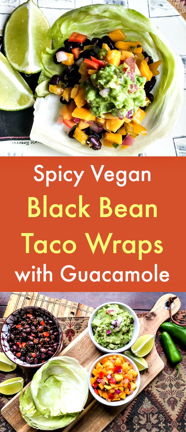 Spicy Vegan Black Bean Taco Wraps with Guacamole - Pair the chunky sweetness of peach salsa with the flavor and texture of black beans and guacamole -- and you'll know why these vegan black bean taco wraps are such a hit. What's more, replacing taco shells with lettuce leaves lightens this meal but doesn't detract from the experience. #Vegan #BlackBean #Taco #Wraps #Guacamole #veganrecipes #vegantacos #salsa Spicy Vegan Black Bean Taco Wraps with Guacamole - Pair the chunky sweetness of peach salsa with the flavor and texture of black beans and guacamole -- and you'll know why these vegan black bean taco wraps are such a hit. What's more, replacing taco shells with lettuce leaves lightens this meal but doesn't detract from the experience. #Vegan #BlackBean #Taco #Wraps #Guacamole #veganrecipes #vegantacos #salsa