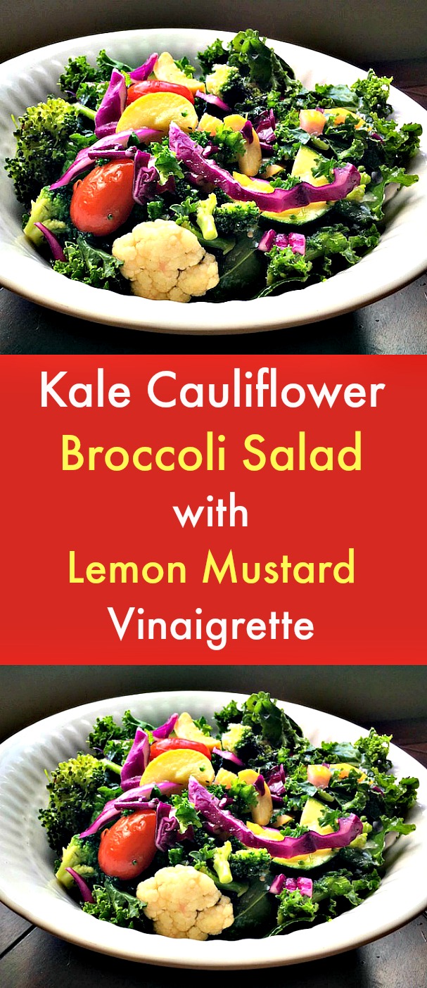 Kale Cauliflower Broccoli Salad with Lemon Mustard Vinaigrette - The bright, briny flavor of the preserved lemon adds a fresh burst of flavor this Kale Cauliflower Broccoli Salad with Lemon Mustard Vinaigrette which includes massaged kale, zucchini, squash, cauliflower, broccoli, tomatoes, red cabbage, basil, chopped preserved lemon and cranberries. #salad #kale #cauliflower #broccolli #lemons #zucchini #squash #tomatoes #redcabbage #basil #preservedlemon #cranberries. Kale Cauliflower Broccoli Salad with Lemon Mustard Vinaigrette - The bright, briny flavor of the preserved lemon adds a fresh burst of flavor this Kale Cauliflower Broccoli Salad with Lemon Mustard Vinaigrette which includes massaged kale, zucchini, squash, cauliflower, broccoli, tomatoes, red cabbage, basil, chopped preserved lemon and cranberries. #salad #kale #cauliflower #broccolli #lemons #zucchini #squash #tomatoes #redcabbage #basil #preservedlemon #cranberries.