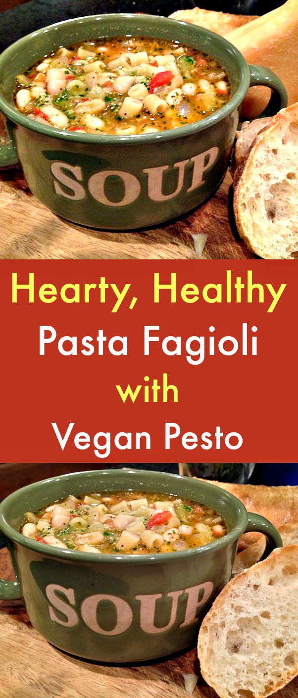Hearty, Healthy Pasta Fagioli with Vegan Pesto - Who can resist the allure of a hearty tomato-based stew loaded with vegetables, herbs, beans and comforting elbow pasta? That's what makes vegan Pasta Fagioli so appealing. #vegandiet #veganrecipes #PastaFagioli #VeganPesto #veganstew #pasta #tomatoes #plantbaseddiet Hearty, Healthy Pasta Fagioli with Vegan Pesto - Who can resist the allure of a hearty tomato-based stew loaded with vegetables, herbs, beans and comforting elbow pasta? That's what makes vegan Pasta Fagioli so appealing. #vegandiet #veganrecipes #PastaFagioli #VeganPesto #veganstew #pasta #tomatoes #plantbaseddiet