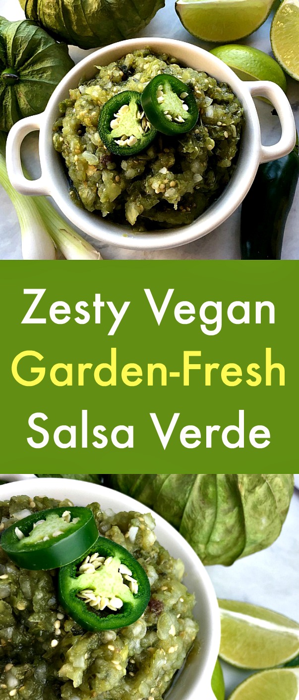 Zesty Vegan Garden-Fresh Salsa Verde - Savor the delectable flavors of tomatillos, jalapeno peppers, garlic, green onions, fresh cilantro and lime juice in this zesty vegan salsa verde. Serve this zesty, vegan, Garden-Fresh Salsa Verde just about anywhere you’d use traditional tomato salsa for rave reviews. #veganappetizers #salsa #salsaverde #cilantro #lime #jalapenopeppers #vegan #veganrecipes Zesty Vegan Garden-Fresh Salsa Verde - Savor the delectable flavors of tomatillos, jalapeno peppers, garlic, green onions, fresh cilantro and lime juice in this zesty vegan salsa verde. Serve this zesty, vegan, Garden-Fresh Salsa Verde just about anywhere you’d use traditional tomato salsa for rave reviews. #veganappetizers #salsa #salsaverde #cilantro #lime #jalapenopeppers #vegan #veganrecipes
