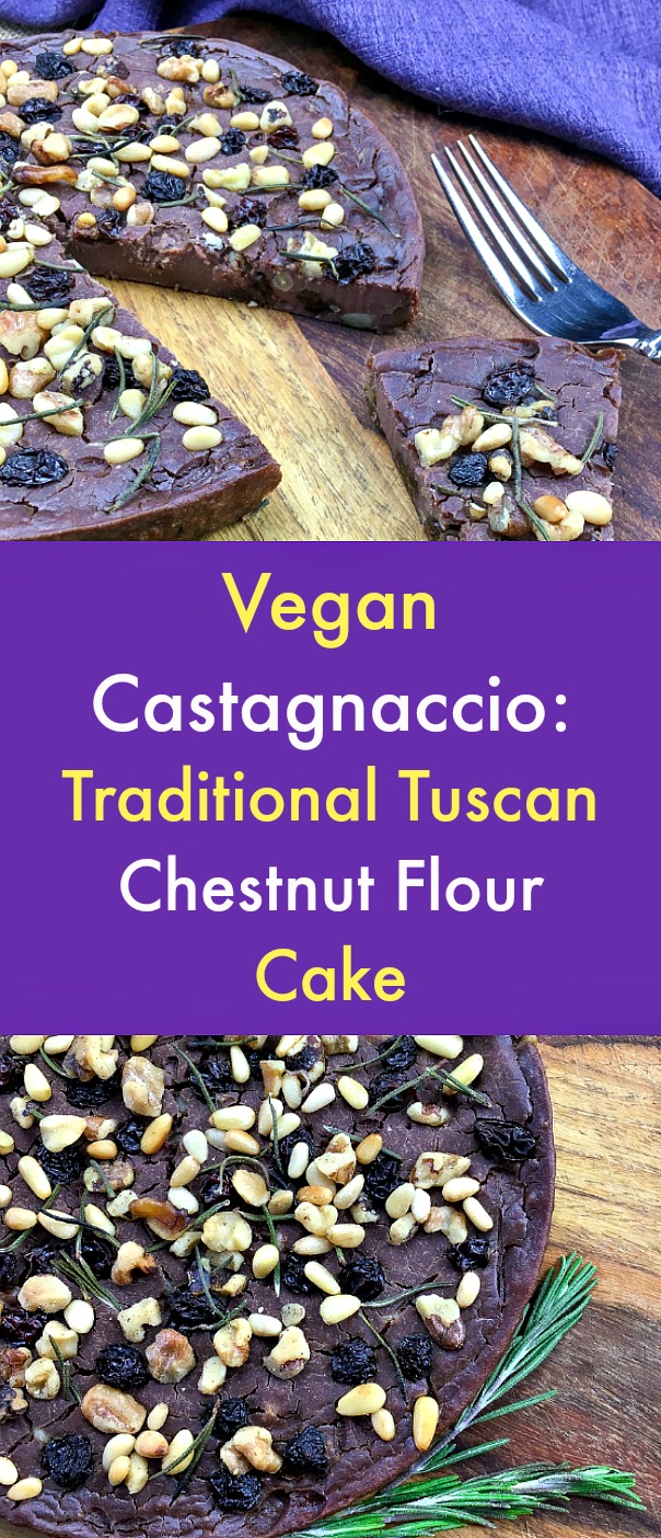Vegan Castagnaccio: Rustic Traditional Tuscan Chestnut Flour Cake - Castagnaccio is a traditional rustic Tuscan chestnut flour cake full of fresh, rosemary, raisins, walnuts, and pine nuts. It is usually served in the fall and winter months following the annual chestnut harvest. This recipe is a vegan version of this Tuscan dessert. #vegan #castagnaccio #Tuscandessert #Tuscanchestnutflourcake #chestnutflour #vegancastagnaccio Vegan Castagnaccio: Rustic Traditional Tuscan Chestnut Flour Cake - Castagnaccio is a traditional rustic Tuscan chestnut flour cake full of fresh, rosemary, raisins, walnuts, and pine nuts. It is usually served in the fall and winter months following the annual chestnut harvest. This recipe is a vegan version of this Tuscan dessert. #vegan #castagnaccio #Tuscandessert #Tuscanchestnutflourcake #chestnutflour #vegancastagnaccio