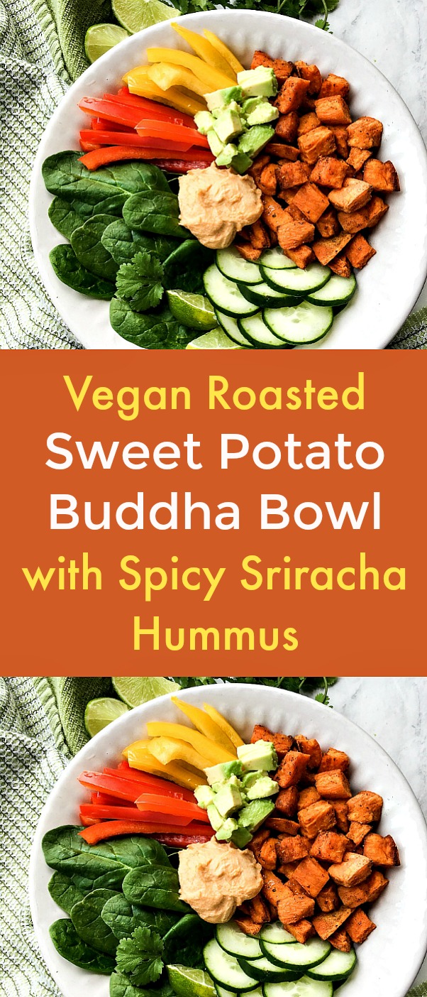 Vegan Roasted Sweet Potato Buddha Bowl with Spicy Sriracha Hummus - I love hearty, flavorful Buddha Bowls! The stars of this vegan Roasted Sweet Potato Buddha Bowl with Spicy Sriracha Hummus are the roasted sweet potatoes and the spicy sriracha hummus. And it's so easy to make. #buddhabowl #veggiebowl #vegandiet #veganrecipe #sweetpotatoes #hummus #sriracha Vegan Roasted Sweet Potato Buddha Bowl with Spicy Sriracha Hummus - I love hearty, flavorful Buddha Bowls! The stars of this vegan Roasted Sweet Potato Buddha Bowl with Spicy Sriracha Hummus are the roasted sweet potatoes and the spicy sriracha hummus. And it's so easy to make. #buddhabowl #veggiebowl #vegandiet #veganrecipe #sweetpotatoes #hummus #sriracha
