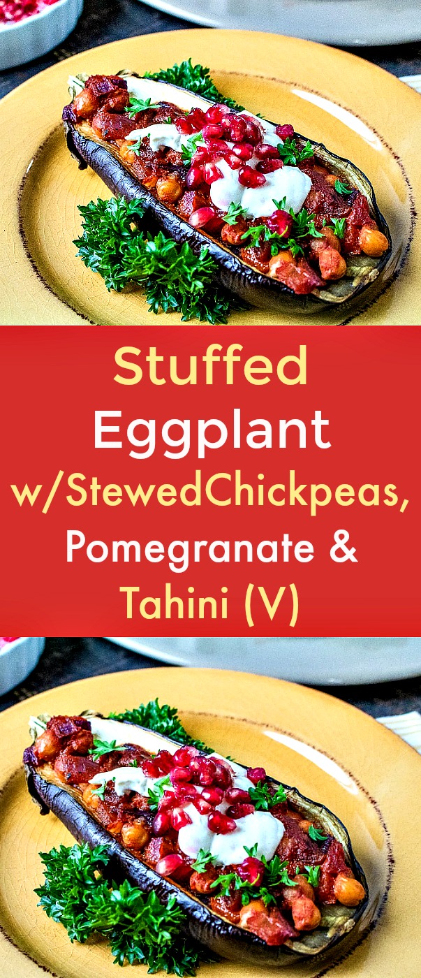 Stuffed Eggplant with Stewed Chickpeas, Pomegranate & Tahini (V) - I fell in love with eggplant dishes during my magical trip to Turkey. That's why I love this Stuffed Eggplant with Stewed Chickpeas, Pomegranate & Tahini recipe -- and I hope you will too. In addition to providing a host of vitamins and minerals, eggplant also contains important phytonutrients, many which have antioxidant activity. #eggplant #eggplantrecipes #stuffedeggplant #veganrecipes #stewedchickpeas #pomegranate #tahini Stuffed Eggplant with Stewed Chickpeas, Pomegranate & Tahini (V) - I fell in love with eggplant dishes during my magical trip to Turkey. That's why I love this Stuffed Eggplant with Stewed Chickpeas, Pomegranate & Tahini recipe -- and I hope you will too. In addition to providing a host of vitamins and minerals, eggplant also contains important phytonutrients, many which have antioxidant activity. #eggplant #eggplantrecipes #stuffedeggplant #veganrecipes #stewedchickpeas #pomegranate #tahini