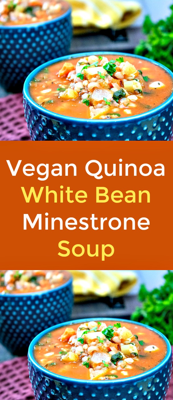 Vegan Quinoa White Bean Minestrone Soup - This hearty gluten free vegan Minestrone soup is brimming with rich flavor and texture from onions, carrots, celery, garlic, vegetable broth, tomato paste, crushed tomatoes, white beans, quinoa, baby spinach, parsley and bay leaves. #vegan #veganrecipes #Quinoa #WhiteBean #MinestroneSoup #vegansoup #vegetablesoup #tomatoes #spinach Vegan Quinoa White Bean Minestrone Soup - This hearty gluten free vegan Minestrone soup is brimming with rich flavor and texture from onions, carrots, celery, garlic, vegetable broth, tomato paste, crushed tomatoes, white beans, quinoa, baby spinach, parsley and bay leaves. #vegan #veganrecipes #Quinoa #WhiteBean #MinestroneSoup #vegansoup #vegetablesoup #tomatoes #spinach