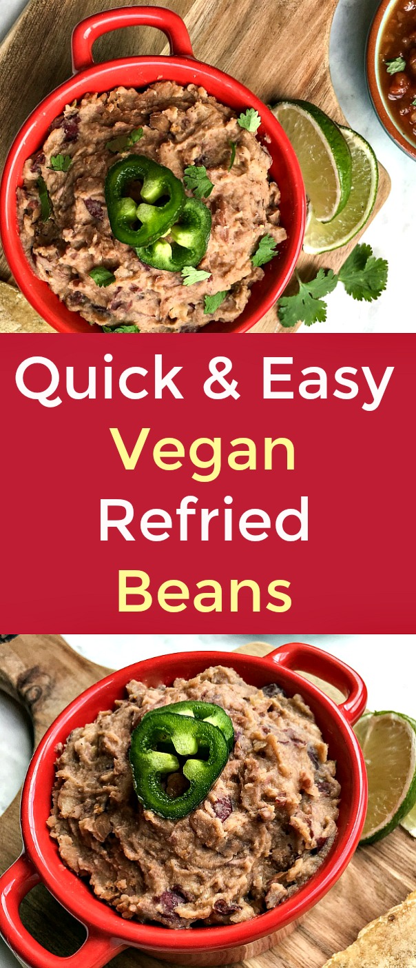 Quick and Easy Vegan Refried Beans - This Quick and Easy Vegan Refried Beans recipe boasts the powerful flavors of sauteed onions, garlic, pinto beans, kidney beans, ground cumin, chili powder, smoked paprika, and crushed red pepper flakes which are blended or mashed into a creamy consistency, then topped with fresh cilantro and jalapeno pepper, if desired. #VeganRefriedBeans #pintobeans #kidneybeans #beans #plantbasedrecipe #plantbaseddiet #veganrecipe Quick and Easy Vegan Refried Beans - This Quick and Easy Vegan Refried Beans recipe boasts the powerful flavors of sauteed onions, garlic, pinto beans, kidney beans, ground cumin, chili powder, smoked paprika, and crushed red pepper flakes which are blended or mashed into a creamy consistency, then topped with fresh cilantro and jalapeno pepper, if desired. #VeganRefriedBeans #pintobeans #kidneybeans #beans #plantbasedrecipe #plantbaseddiet #veganrecipe