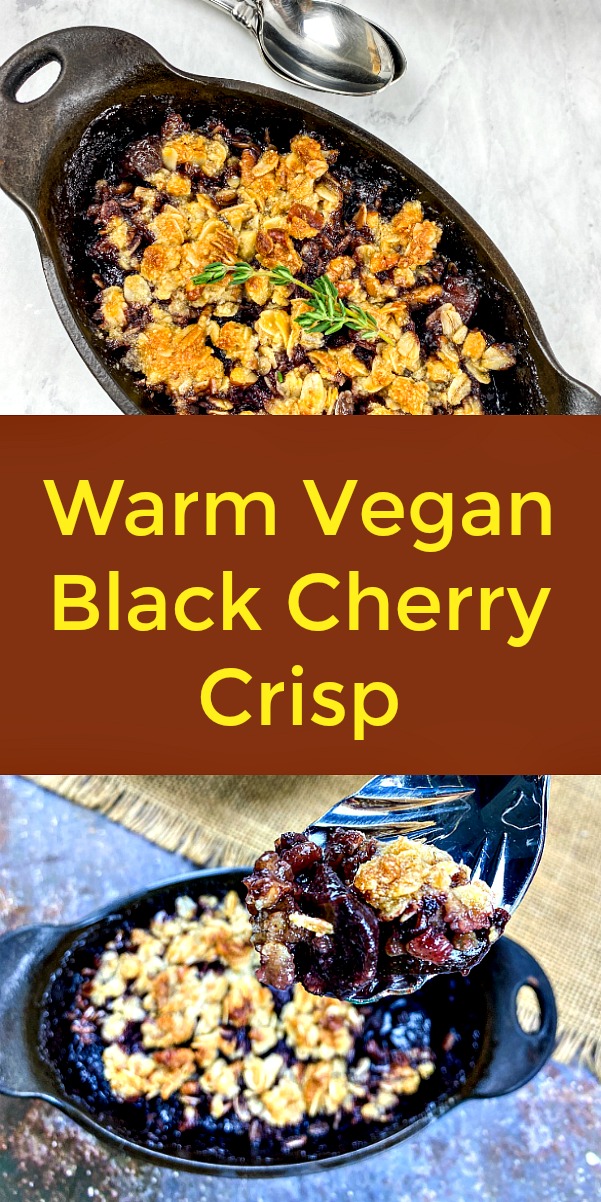 Warm Vegan Black Cherry Crisp - This warm, vegan, black cherry crisp is a delectable blend of black cherries, maple syrup, cinnamon and spices topped with a sweet, crunchy rolled oats mixture. #vegan #veganrecipe #vegandessert #blackcherrycrisp #blackcherry #castironskillet Warm Vegan Black Cherry Crisp - This warm, vegan, black cherry crisp is a delectable blend of black cherries, maple syrup, cinnamon and spices topped with a sweet, crunchy rolled oats mixture. #vegan #veganrecipe #vegandessert #blackcherrycrisp #blackcherry #castironskillet